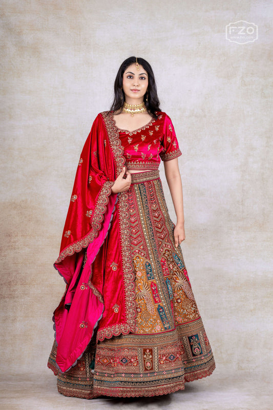 Red Velvet Multi-Panel Bridal Lehenga – Traditional Wedding Couture