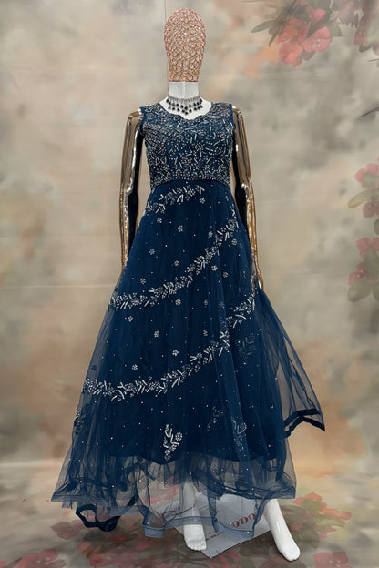 Celestial Twilight Gown – Midnight Blue Embellished Net Gown with Sleeveless Bodice