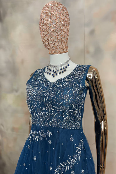 Celestial Twilight Gown – Midnight Blue Embellished Net Gown with Sleeveless Bodice