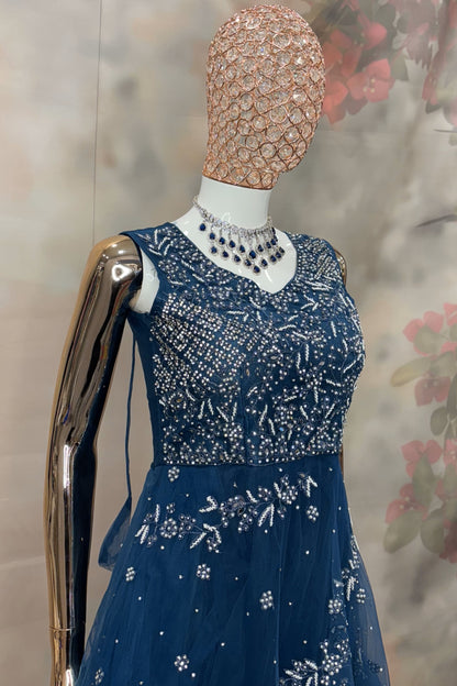 Celestial Twilight Gown – Midnight Blue Embellished Net Gown with Sleeveless Bodice
