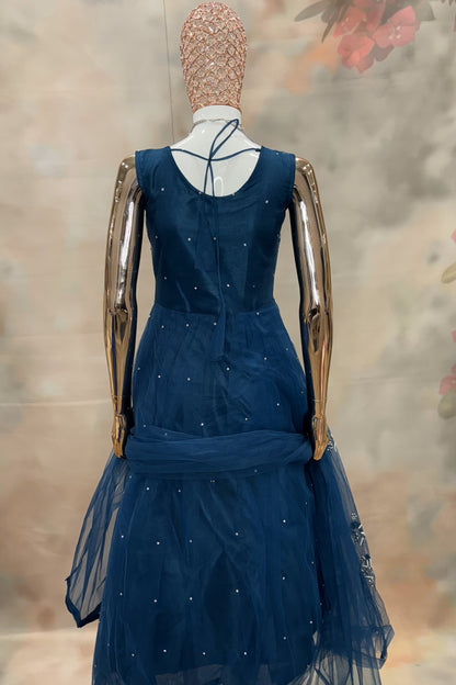 Celestial Twilight Gown – Midnight Blue Embellished Net Gown with Sleeveless Bodice