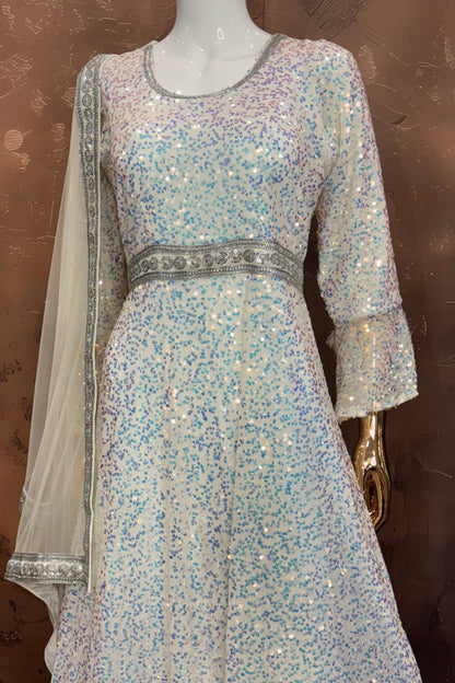 Crystal Frost Gown – White Multicolor Sequin Anarkali with Net Dupatta