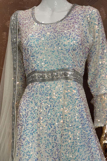 Crystal Frost Gown – White Multicolor Sequin Anarkali with Net Dupatta