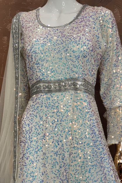 Crystal Frost Gown – White Multicolor Sequin Anarkali with Net Dupatta