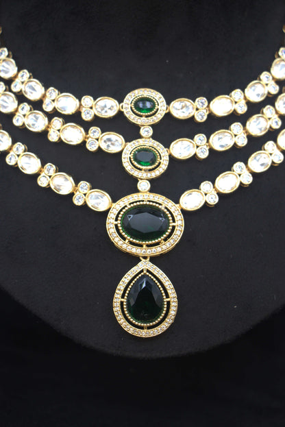 Elegant Polki & American Diamond Necklace Set – Emerald Green Charm
