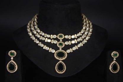 Elegant Polki & American Diamond Necklace Set – Emerald Green Charm