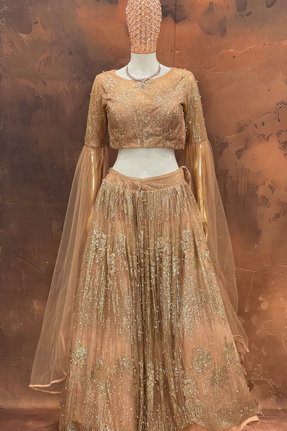 Golden Glow – Peach Net Embellished Lehenga Set