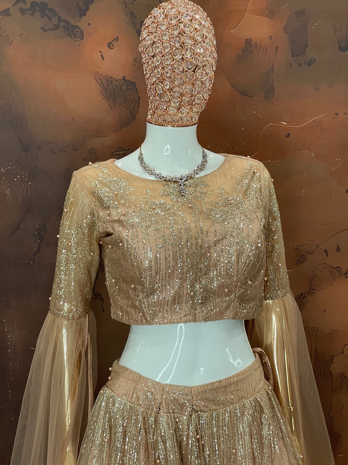 Golden Glow – Peach Net Embellished Lehenga Set