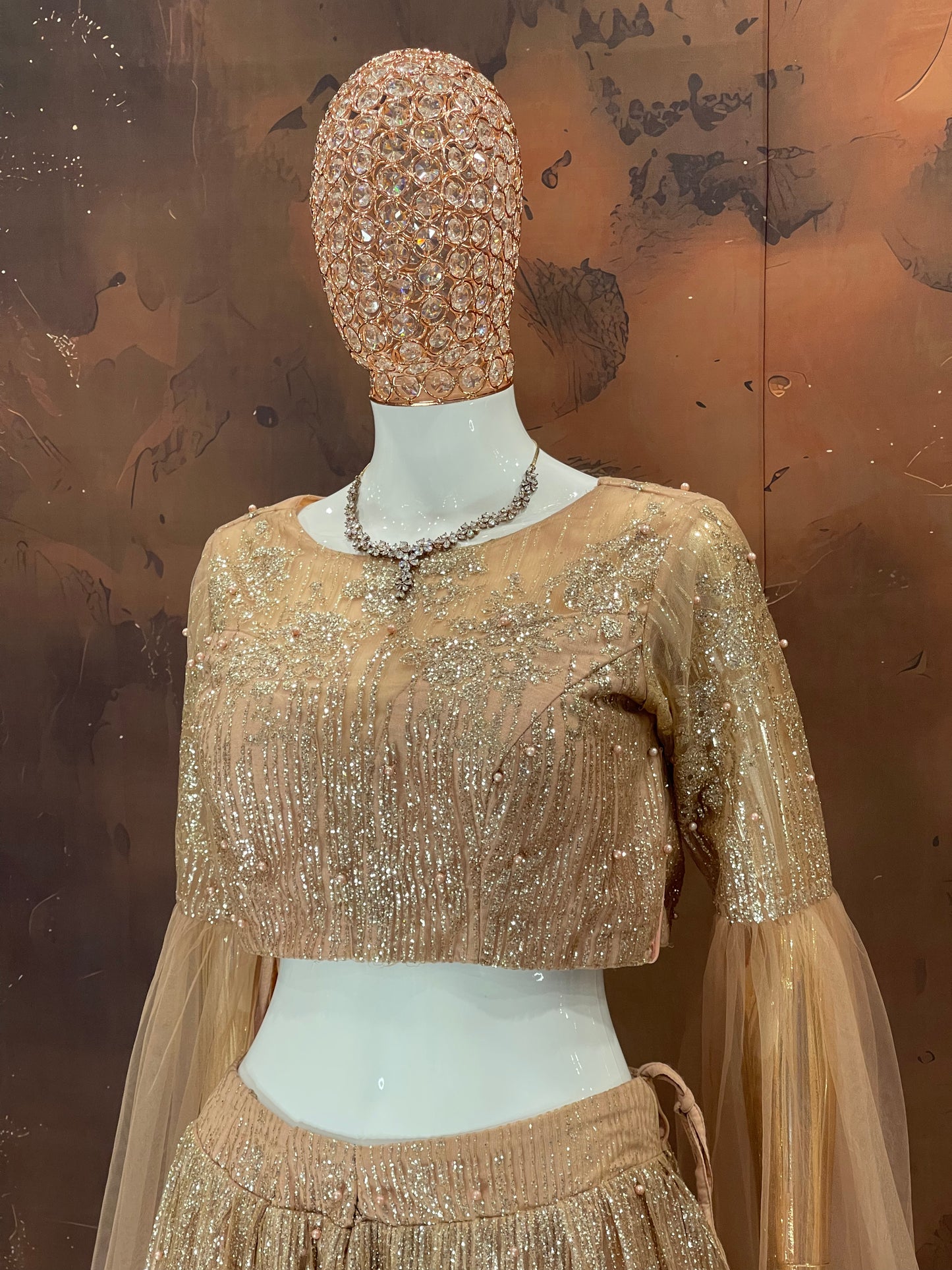 Golden Glow – Peach Net Embellished Lehenga Set