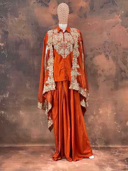 Regal Rust – Orange Embroidered Cape Lehenga Set