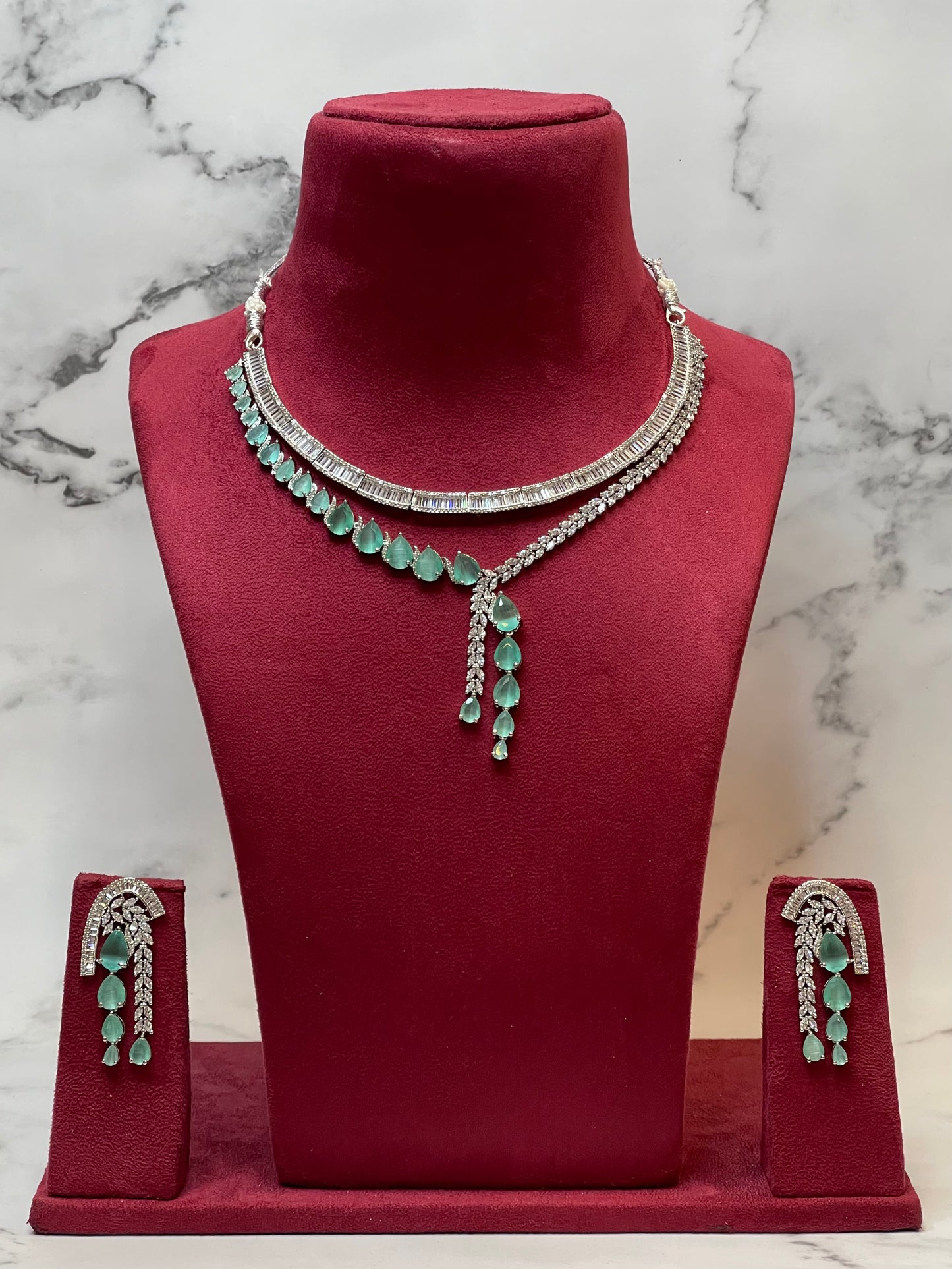 Mint Cascade – Layered CZ Necklace Set with Dangling Drops
