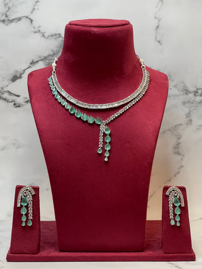 Mint Cascade – Layered CZ Necklace Set with Dangling Drops