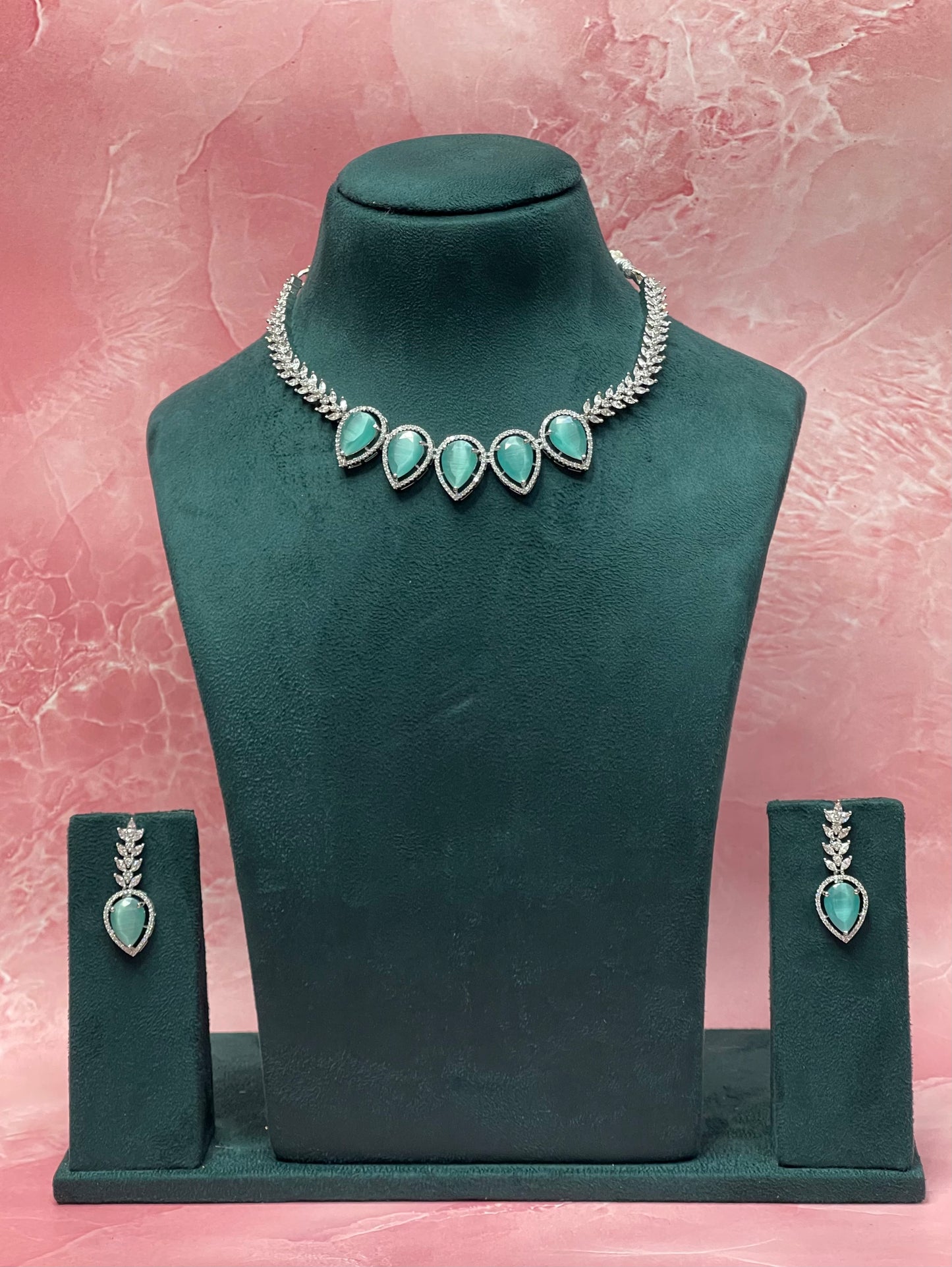 Emerald Drop Necklace Set with CZ Accents – Elegant Party Jewelry