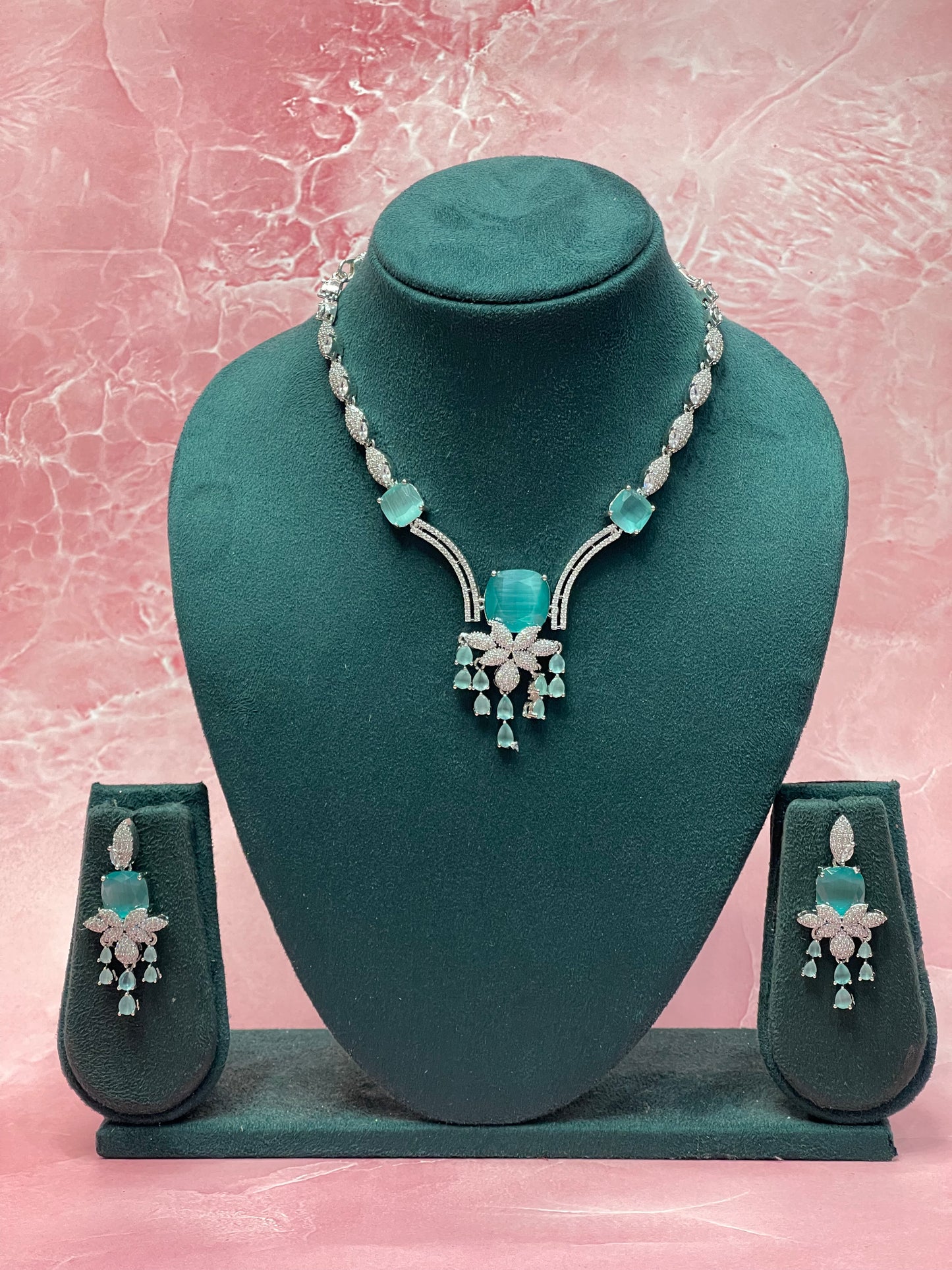 Aqua Luxe Drop Necklace Set – Glamorous CZ Party Wear