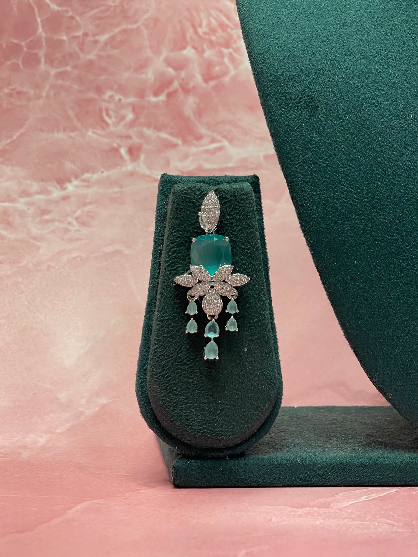 Aqua Luxe Drop Necklace Set – Glamorous CZ Party Wear
