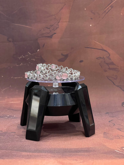 Silver Bangles with Rose Pink Stones