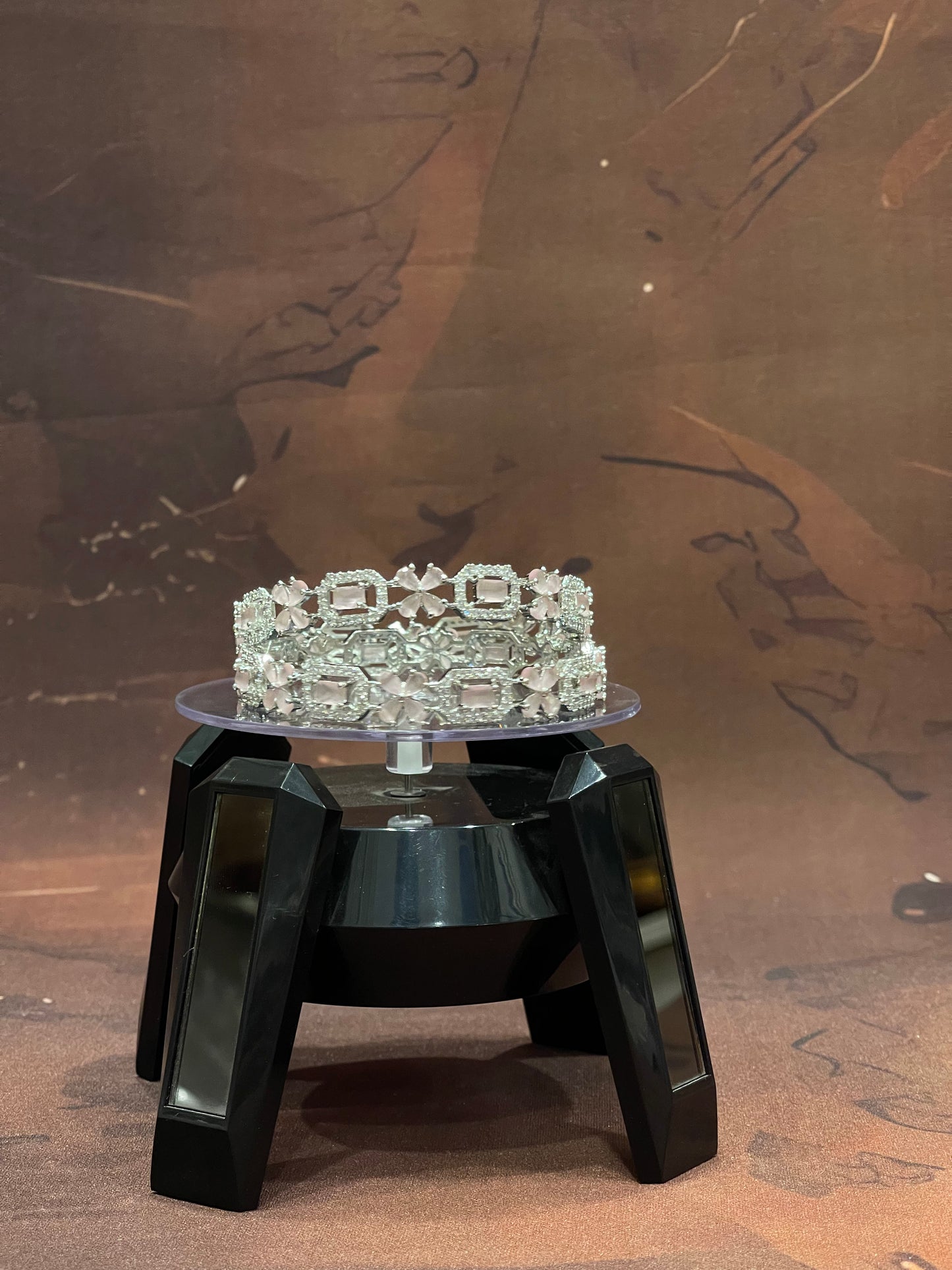 Silver Bangles with Baby Pink Floral Stones