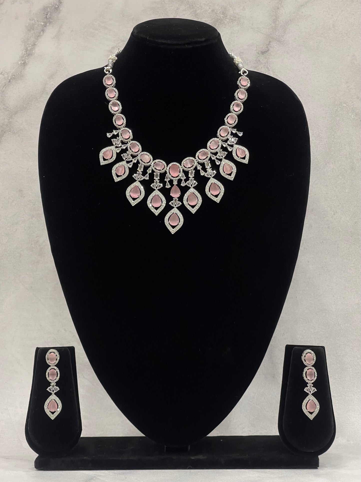 Rosé Twilight – CZ Necklace Set with Droplet Pink Stones