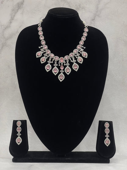 Rosé Twilight – CZ Necklace Set with Droplet Pink Stones