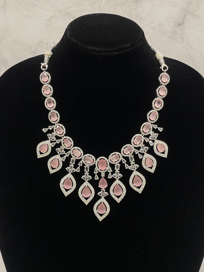 Rosé Twilight – CZ Necklace Set with Droplet Pink Stones