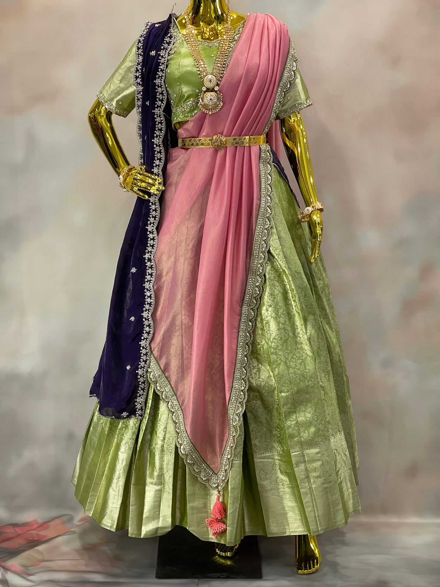 Blossom Reverie – Pastel Green Pattu Lehenga Set