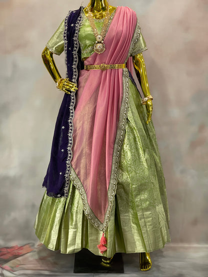 Blossom Reverie – Pastel Green Pattu Lehenga Set