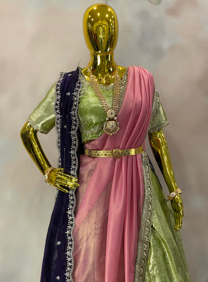 Blossom Reverie – Pastel Green Pattu Lehenga Set