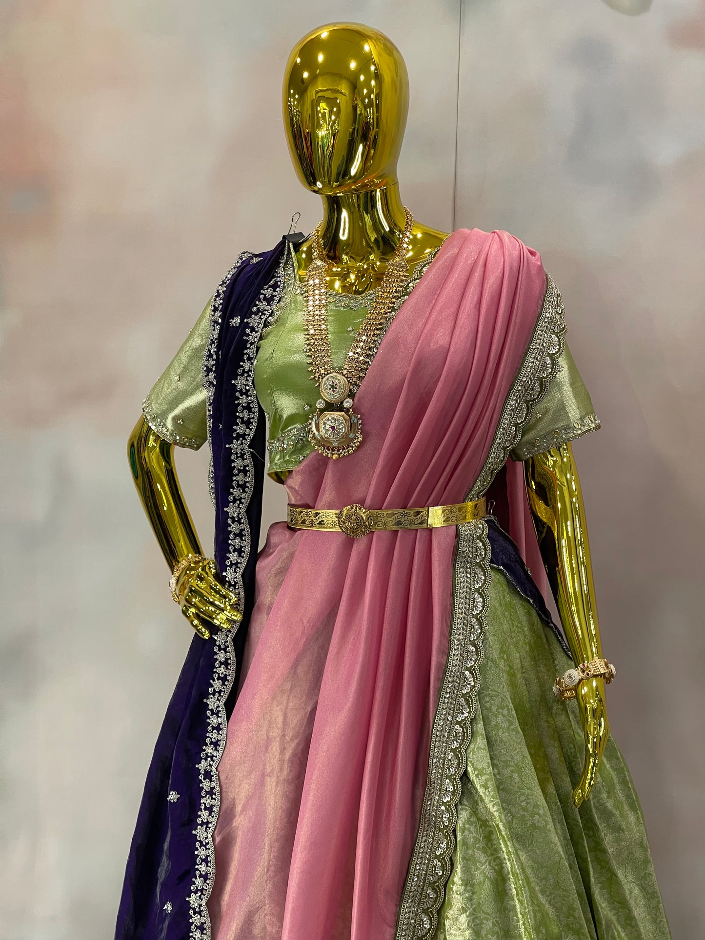 Blossom Reverie – Pastel Green Pattu Lehenga Set