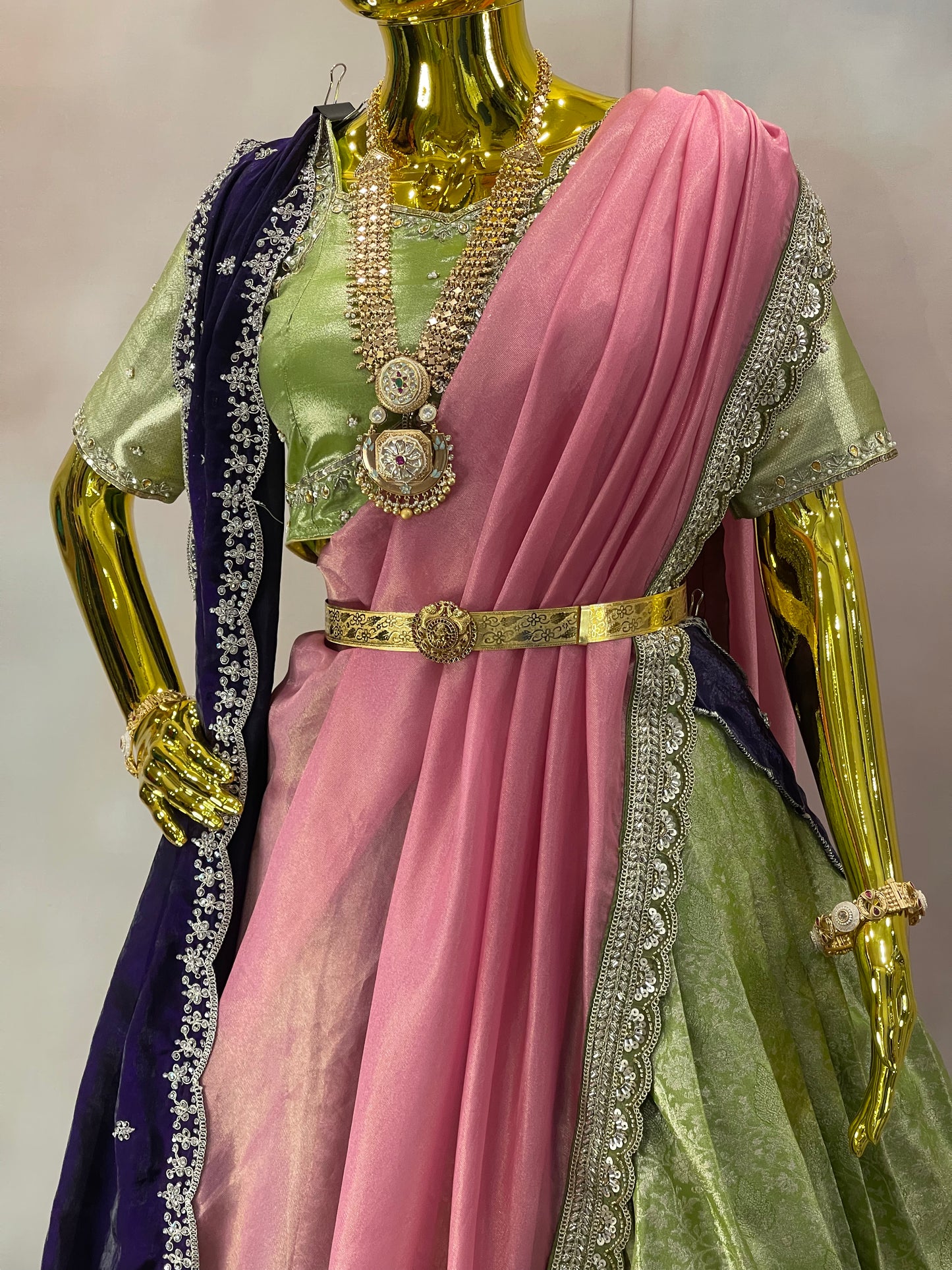 Blossom Reverie – Pastel Green Pattu Lehenga Set