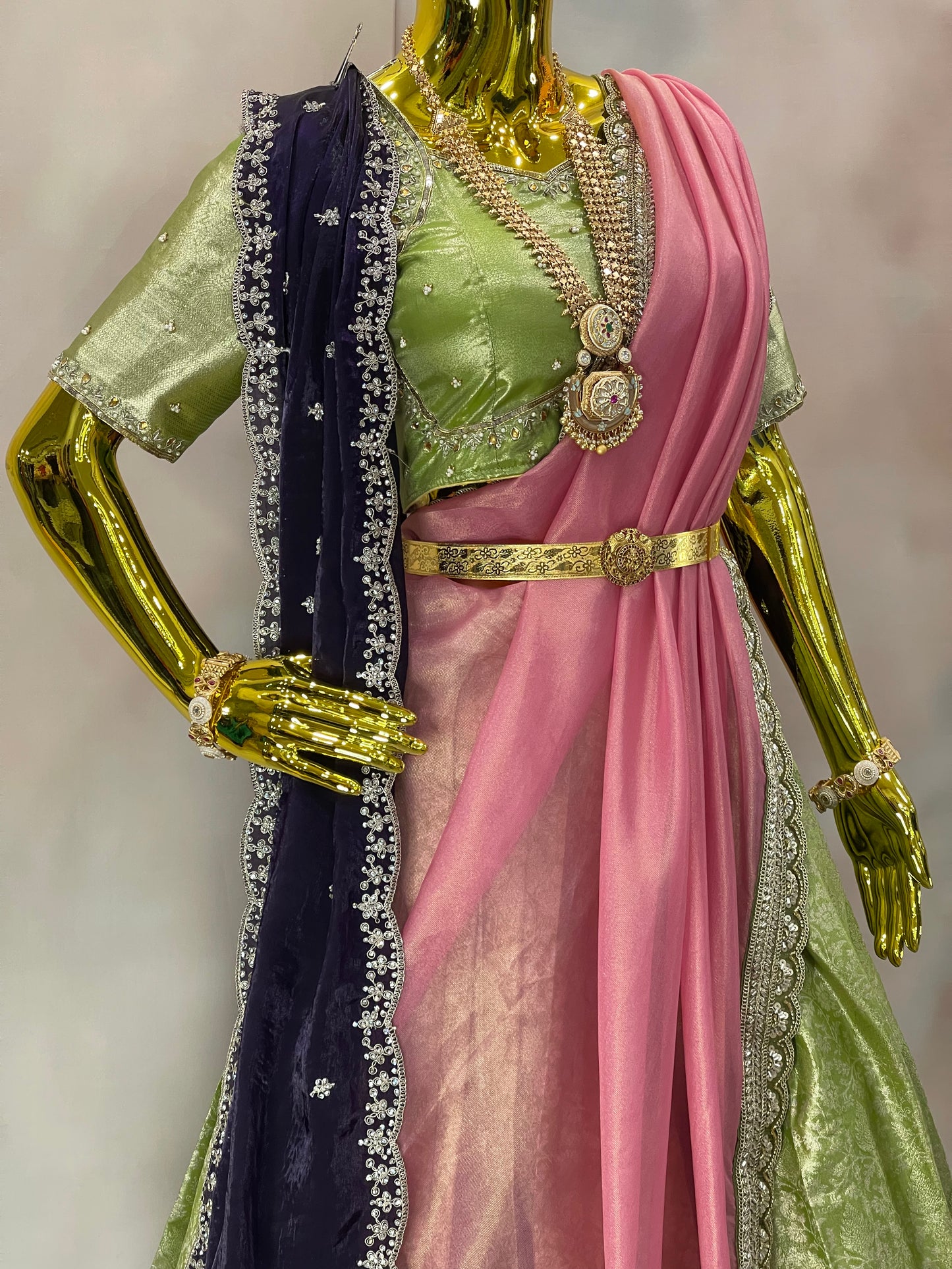 Blossom Reverie – Pastel Green Pattu Lehenga Set