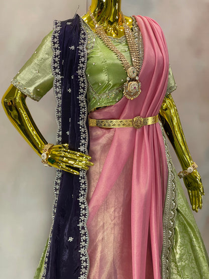 Blossom Reverie – Pastel Green Pattu Lehenga Set
