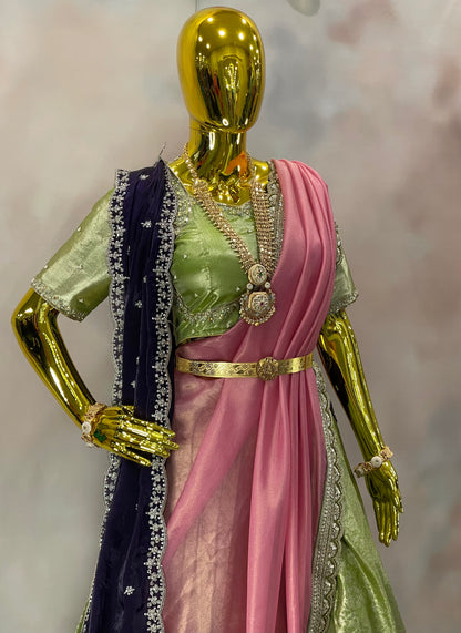 Blossom Reverie – Pastel Green Pattu Lehenga Set