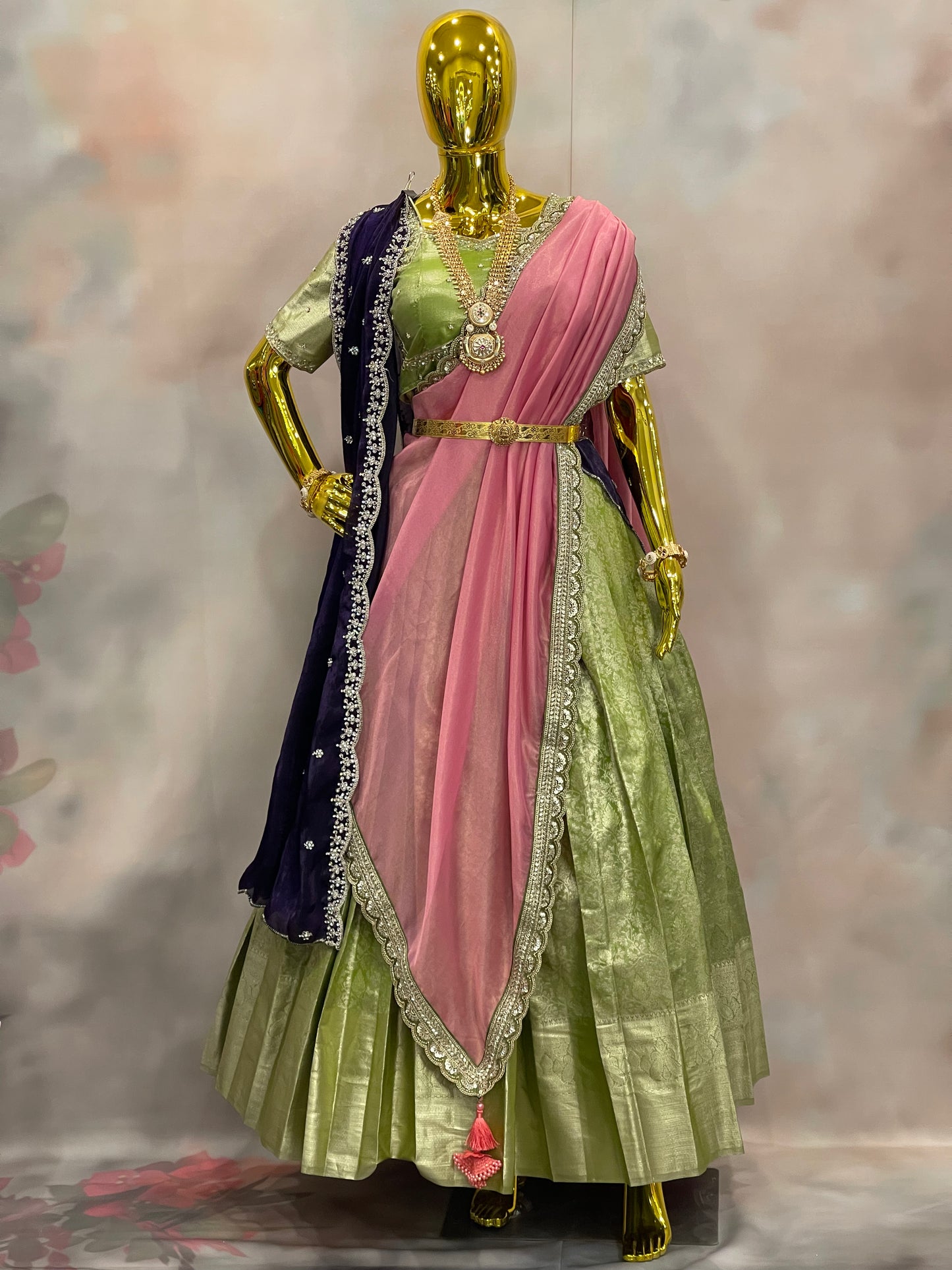 Blossom Reverie – Pastel Green Pattu Lehenga Set