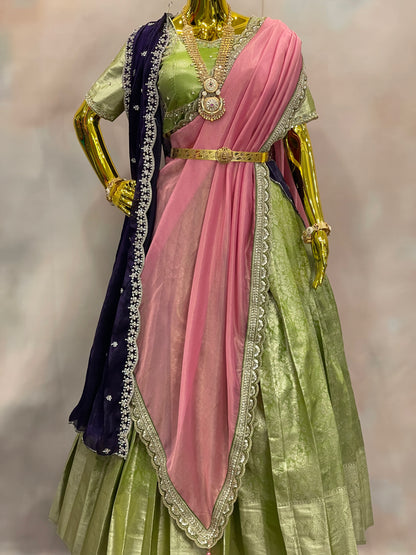 Blossom Reverie – Pastel Green Pattu Lehenga Set