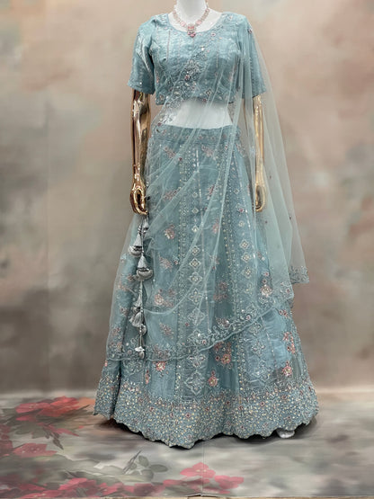 Aqua Mist Embroidered Net Lehenga