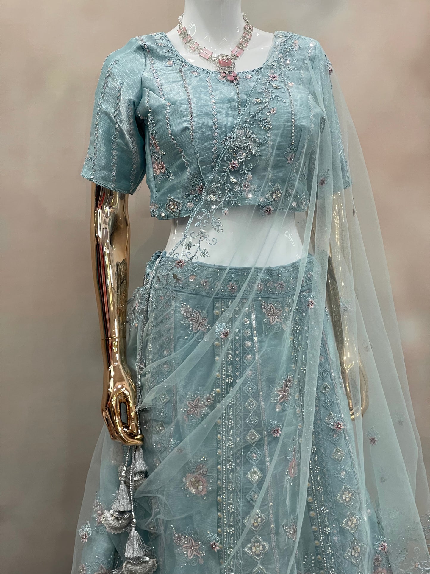 Aqua Mist Embroidered Net Lehenga