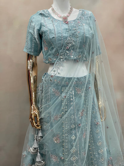 Aqua Mist Embroidered Net Lehenga
