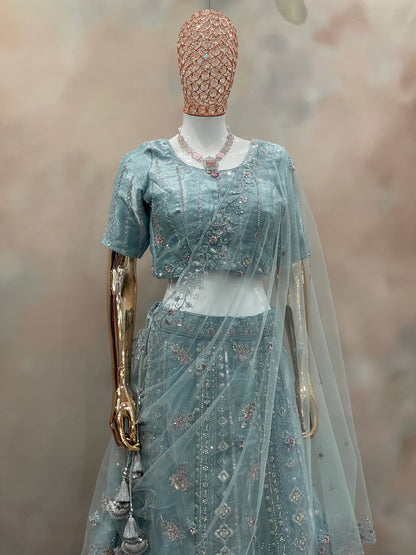 Aqua Mist Embroidered Net Lehenga