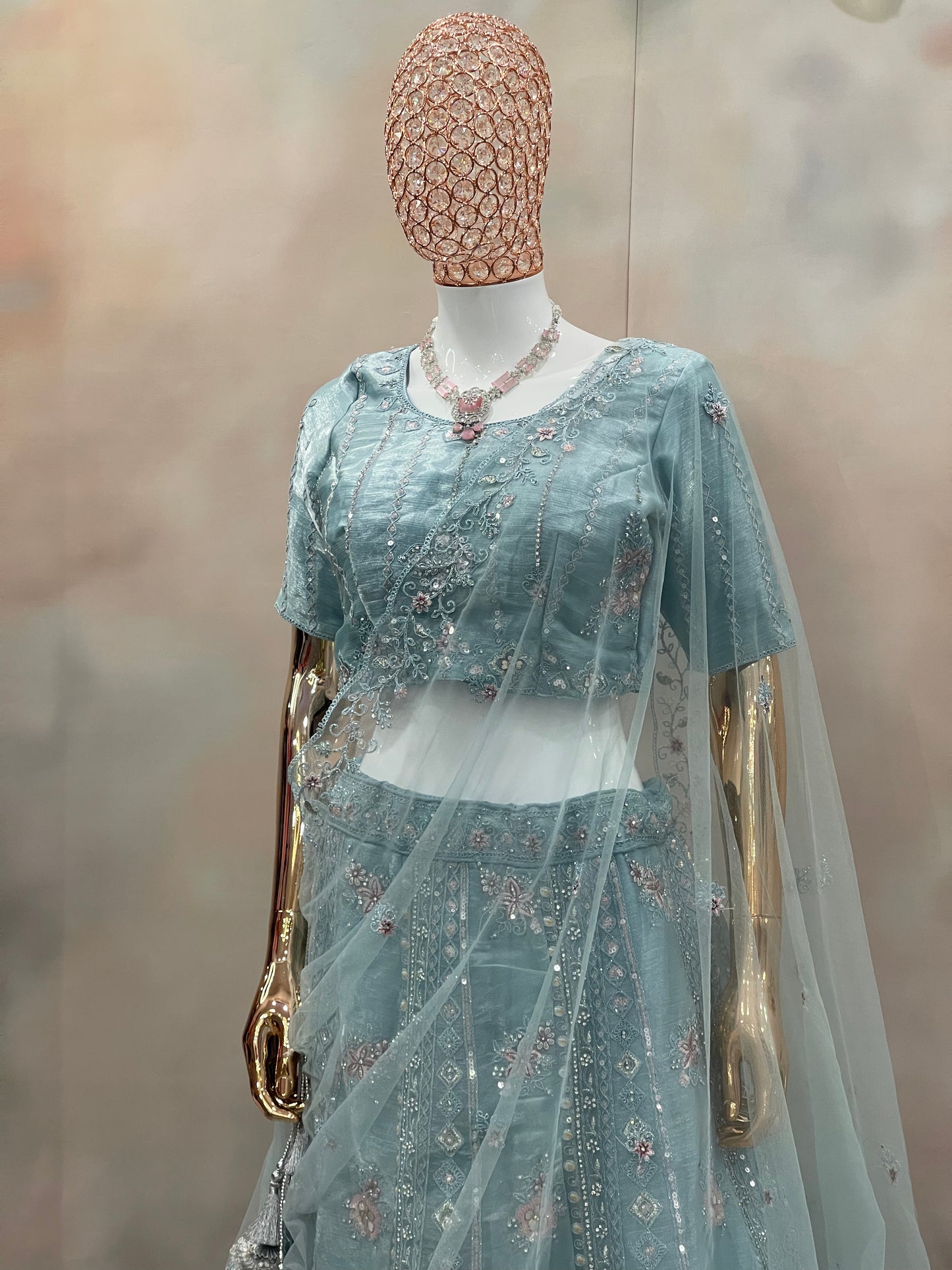 Aqua Mist Embroidered Net Lehenga