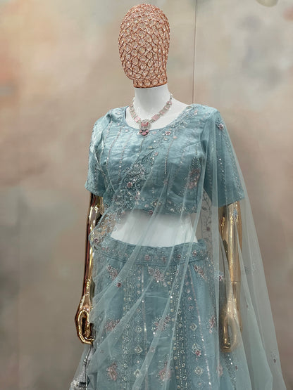 Aqua Mist Embroidered Net Lehenga