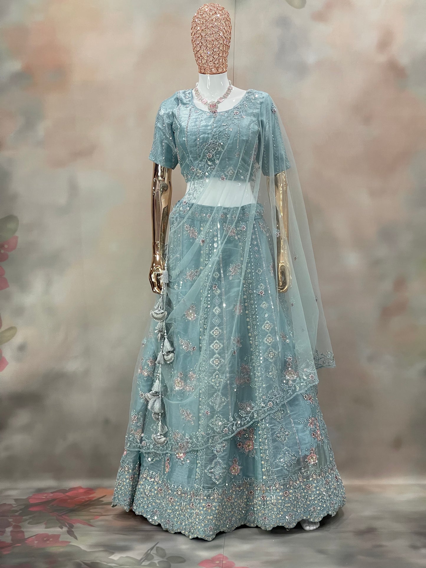 Aqua Mist Embroidered Net Lehenga