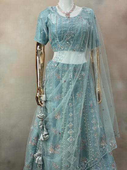 Aqua Mist Embroidered Net Lehenga