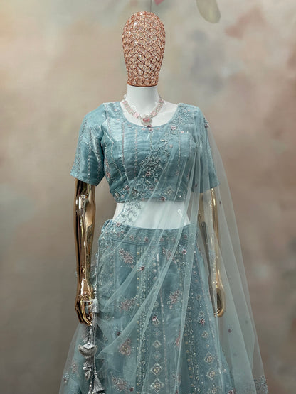 Aqua Mist Embroidered Net Lehenga