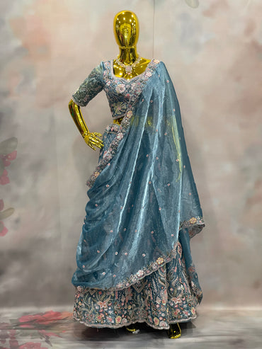 Ocean Bloom – Blue Floral Embroidered Lehenga
