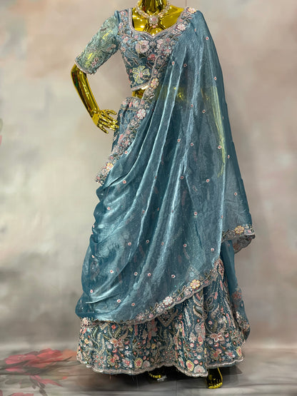 Ocean Bloom – Blue Floral Embroidered Lehenga