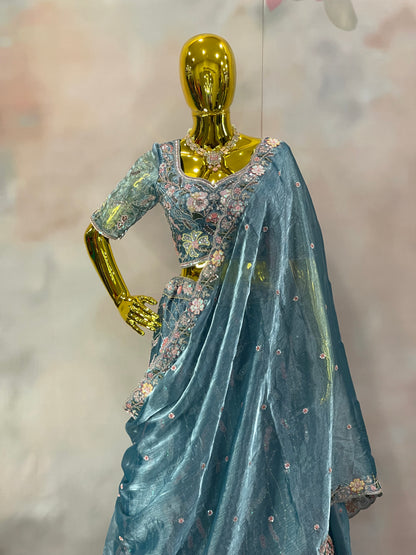 Ocean Bloom – Blue Floral Embroidered Lehenga