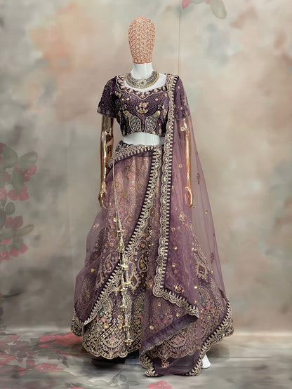 Royal Plum – Deep Purple Velvet Embroidered Lehenga Set