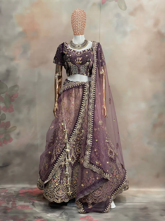 Royal Plum – Deep Purple Velvet Embroidered Lehenga Set