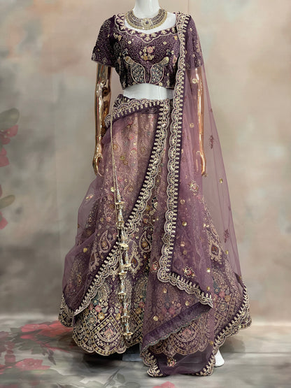 Royal Plum – Deep Purple Velvet Embroidered Lehenga Set