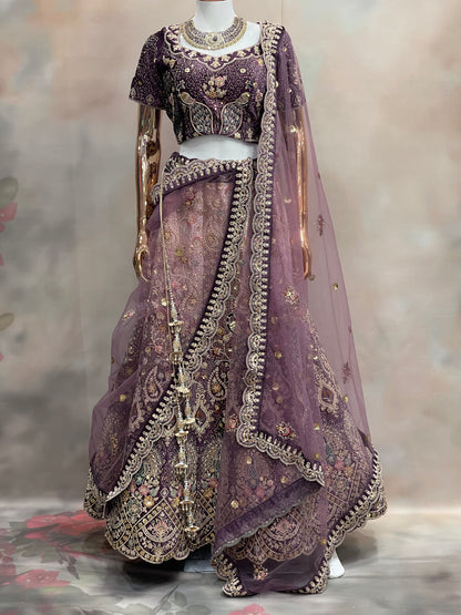 Royal Plum – Deep Purple Velvet Embroidered Lehenga Set